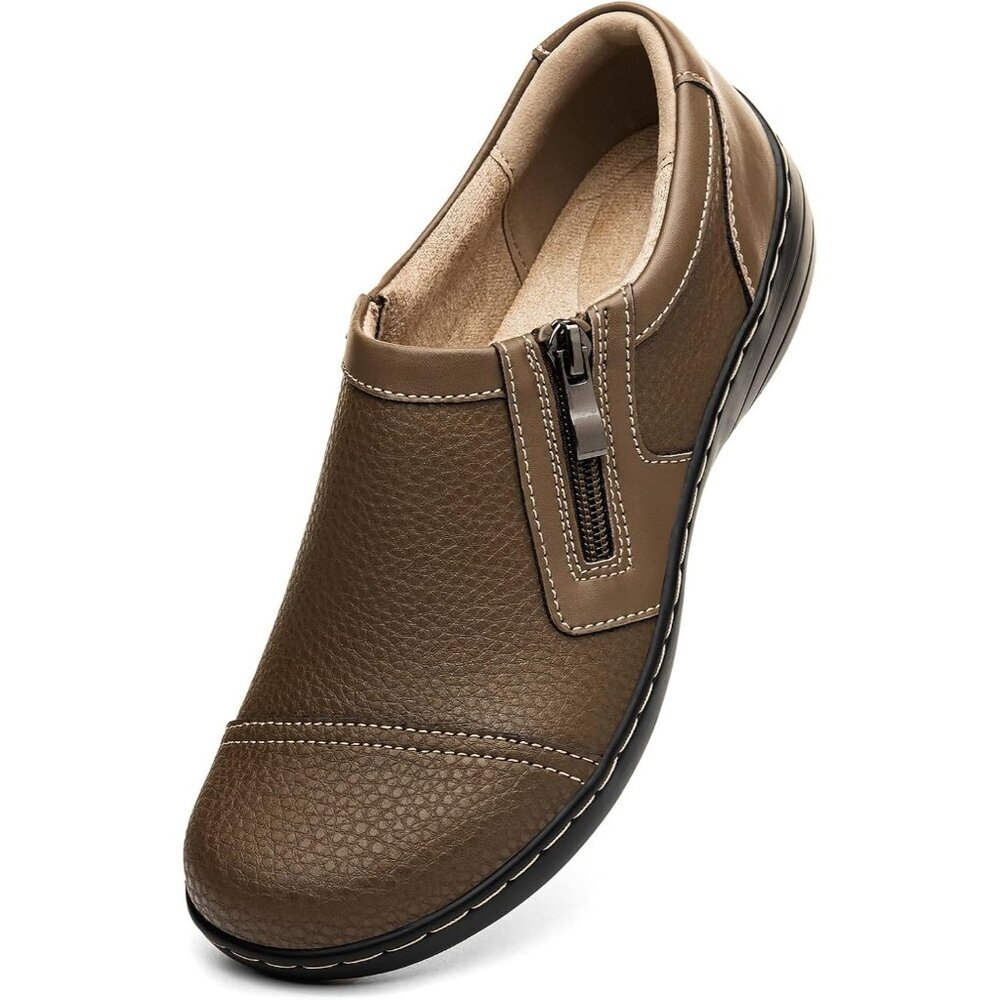 〽️Womens Comfortable And Lightweight Khaki Leather Loafers Casual Zipper Closure